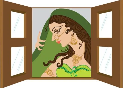 Young lady viewing from window Stock Illustration