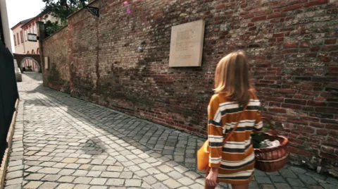 Young lady walks with basket near castle Stock Footage 56324319