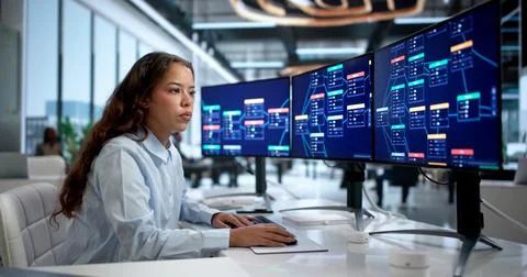 Young Latina Software Developer Creates App Visually Using Low Code Platform. Foto stock