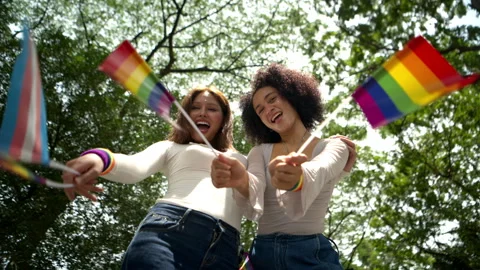 A young lesbian couple waved rainbow flags in a green park Video stock 341083076