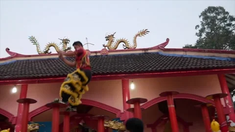 Young lion dance performer warming up before performance Stock Footage 260382492