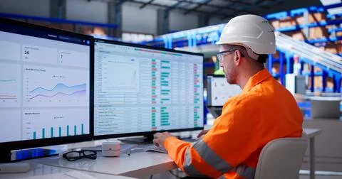 Young Logistic Analyst Uses Computer To Manage Warehouse Inventory Efficientl Фото