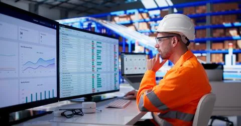 Young Logistic Analyst Using Computer To Manage Warehouse Inventory Efficient Stock Photos