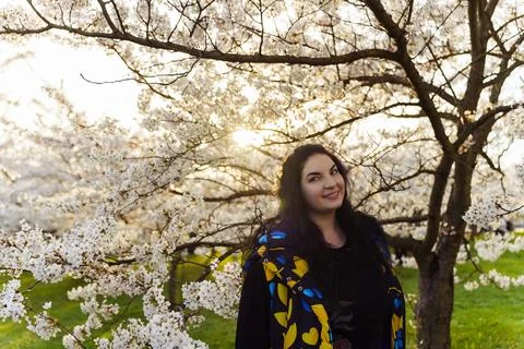 Young long-haired plus size woman spending time among cherry blossom trees in Stock Photos