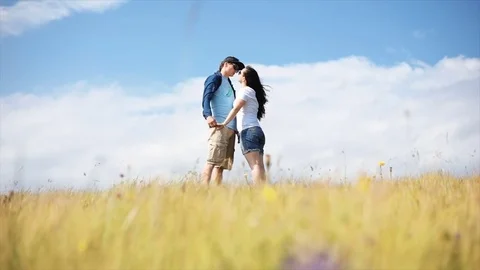 Young lovers couple in the field holding hands and kissing. Feel happy. The Stock Footage 79556825