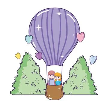 Young lovers couple flying in balloon air hot Ilustração Stock