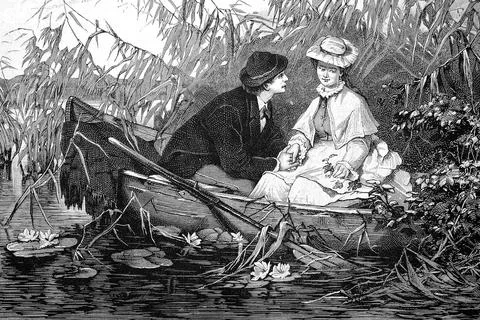 Young lovers sitting in a rowing boat hidden in the reeds and he flirts with Ilustração Stock