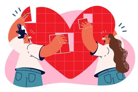 Young loving couple assembles puzzle in form of giant heart symbolizing romance Illustrazione stock