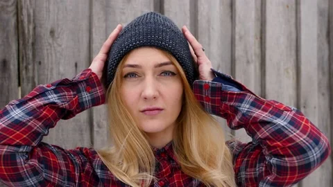 Portrait Young Beautiful Redhead Woman Flannel Shirt Holding Stack