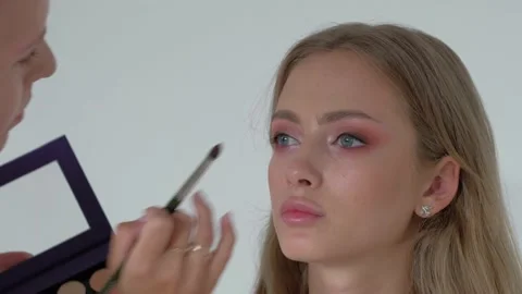 Young Makeup Artist Doing Makeover To Pretty Model Stock Footage 156642176
