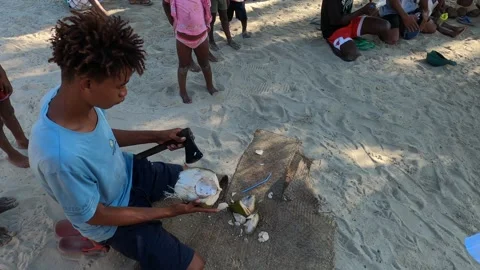 Young Malagasy man cutting fresh coconut with hatchet in local village Stock Footage 308809082