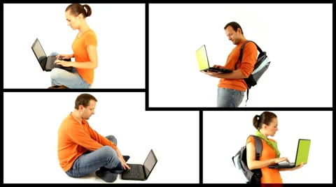 Young male and female students with laptop isolated, montage Stock Footage