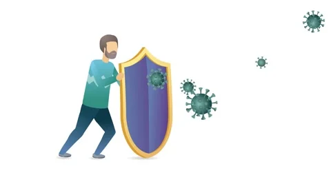 Young male character fighting the coronavirus with shield. Coronavirus attack. Stock Footage