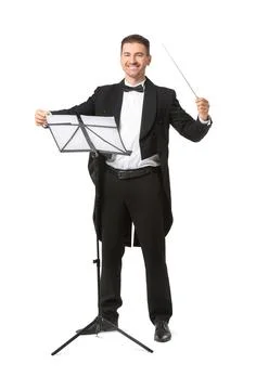 Young male conductor with note sheets on white background Stock Photos
