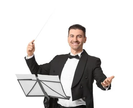 Young male conductor with note sheets on white background Stock Photos