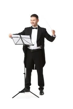 Young male conductor with note sheets on white background Stock Photos