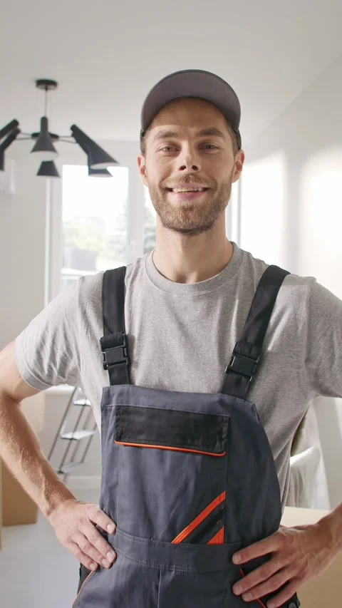 Young male contractor posing with relaxed hands after completing project in Stock Footage 313620727