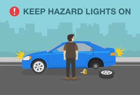 Young male driver changing a flat tire on city road. Keep hazard lights on. Stock Illustration