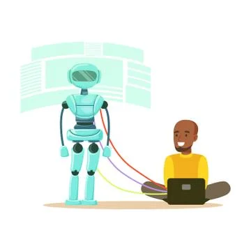 Young male engineer controlling visualization process of humanoid robot at his Illustrazione stock
