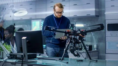 Young Male Engineer Programs Drone while Holding Laptop in His Hands. He Works Stock Photos