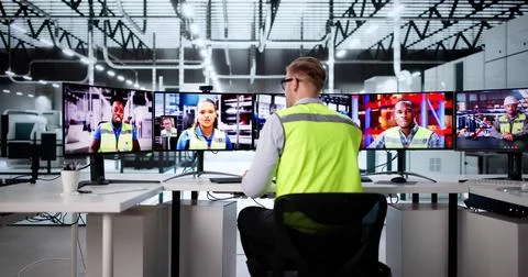 Young Male Engineer Using Video Conferencing To Meet Multiple Manufacturers.  Stock Photos