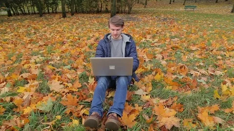 Young male it startup programmer working using laptop on the carpet of fallen Stock Footage 71252311