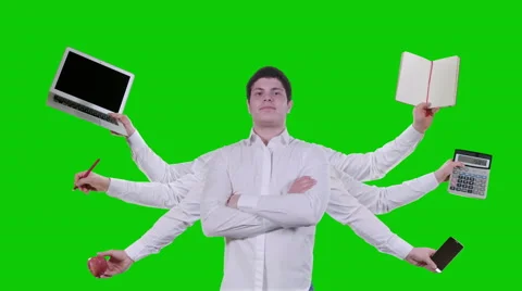 Young male multi tasks on green screen background Stock Footage 59944570