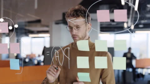 Young male office worker using glass board and proposing his problem solving Stock Footage 169109850