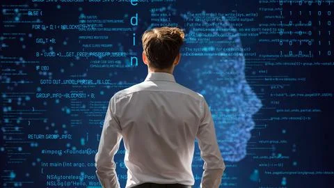 Young Male Programmer Engaged in AI Engineering LISP Foto stock
