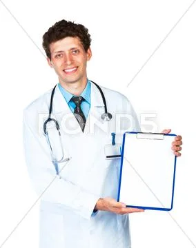 Young male smiling doctor showing clipboard on white Stock Photos