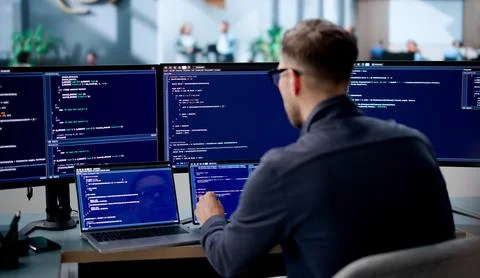 Young Male Software Engineer Coding Secure Algorithms On Laptop In Office. Stock Photos