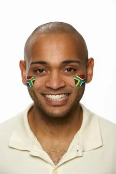 Young Male Sports Fan With South African Flag Painted On Face Stock Photos