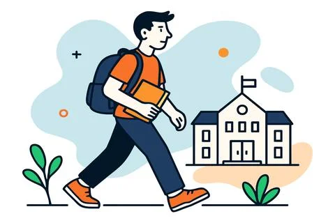 Young male student with backpack and book walking towards school building Ilustración de archivo