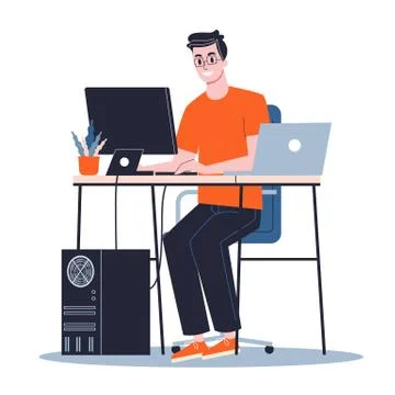 Young male sysadmin. Man working on computer. Illustrazione stock