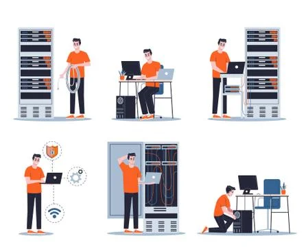 Young male sysadmin set. Collection of man working Illustrazione stock