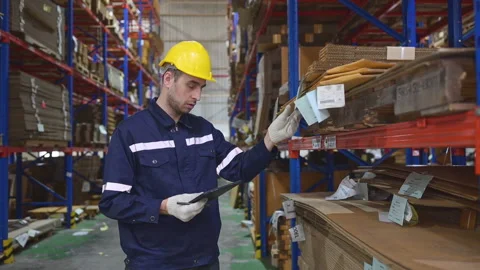 Young male warehouse worker checking stock in a warehouse Stock Footage 252904369