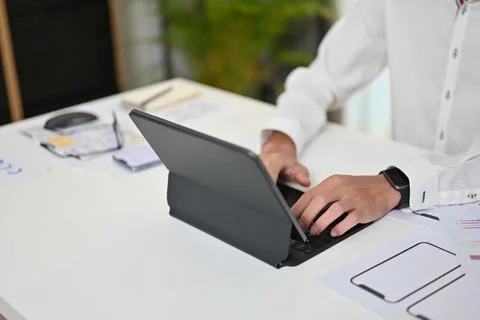 Young male web designers developing mobile application, working on new project Foto stock