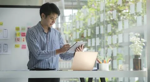 Young male website developer working in a software develop company office. Foto stock