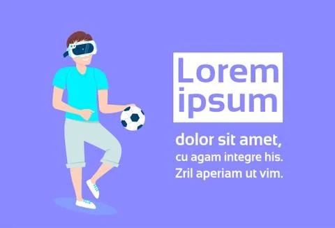 Young Man In 3d Virtual Reality Glasses Play Football Over Background With Copy Stock Illustration