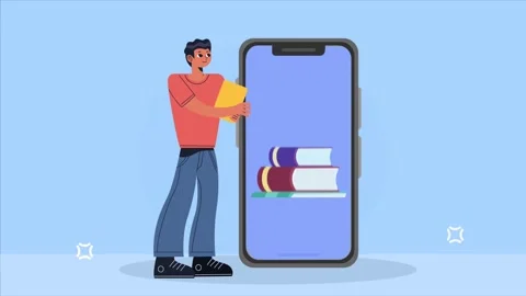 Young man adding books to a digital library on smartphone animation, online.. Stock Footage 338399915