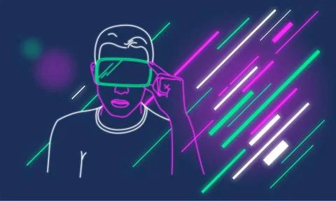 Young man adjusting his virtual reality glasses. Stock Illustration
