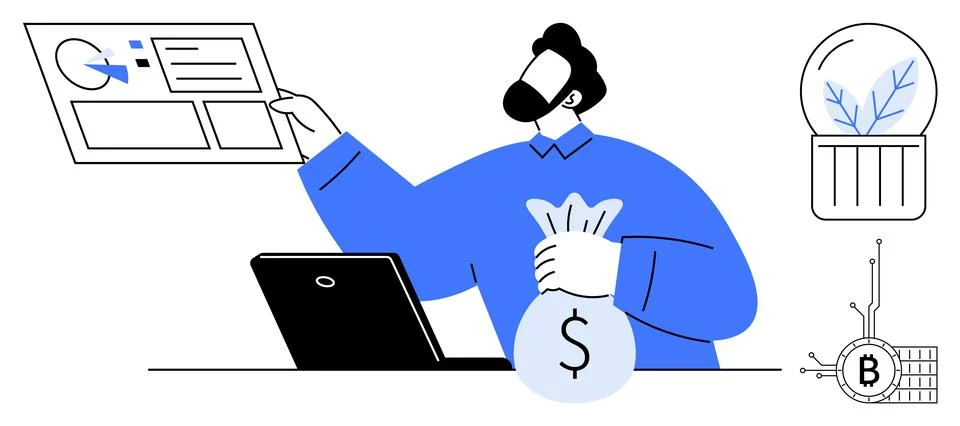 Young man analyzing financial data on a screen while holding a bag of money n Stock Illustration