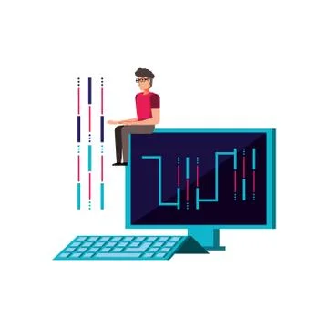 Young man and desktop computer with circuit electronic Stock-Illustration