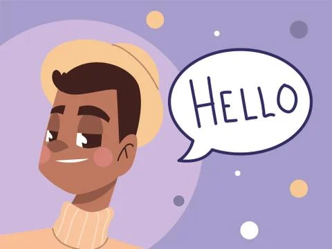 Young man and hello text character avatar in cartoon Stock Illustration