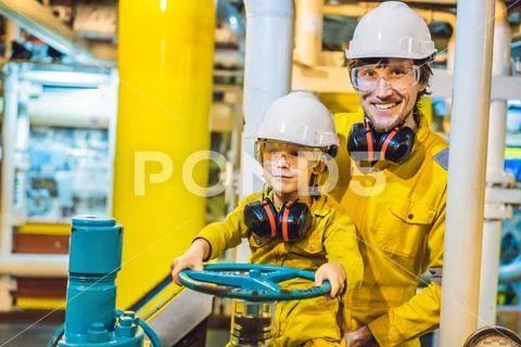 Young man and a little boy are both in a yellow work uniform, glasses, and Stock Photos
