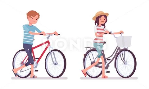 Young man and woman, bad cyclists Stock Illustration