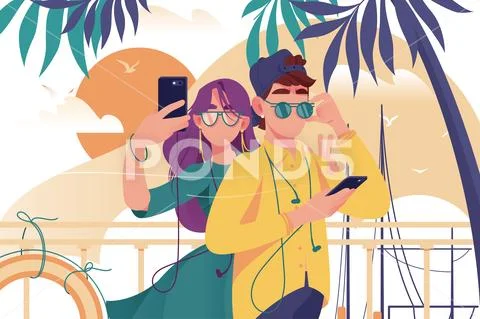 Young man and woman couple with mobile phone, glasses and summer clothes makes Stock Illustration
