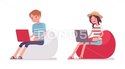 Young man and woman sitting and working with laptop Stock Illustration