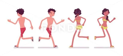 Young man and woman in summer beach outfit, running Stock Illustration