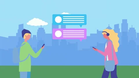 Young man and woman using smartphones with speech bubbles over city skyline.. Stock Footage 339069104